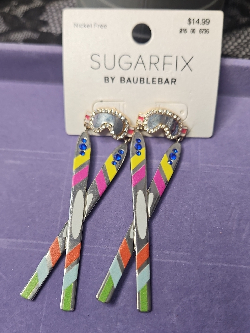 Bauer Colorful Striped Drop Earrings with Blue Rhinestones
